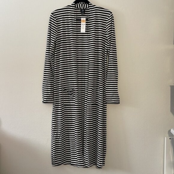 Agnes & Dora Black & Ivory Striped Duster S NWT | Longline Open Front Cardigan - Picture 1 of 7